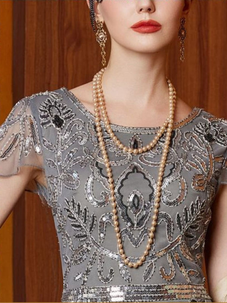Gray 1920s Sequined Tulle Cap Sleeve Round Neck Dress