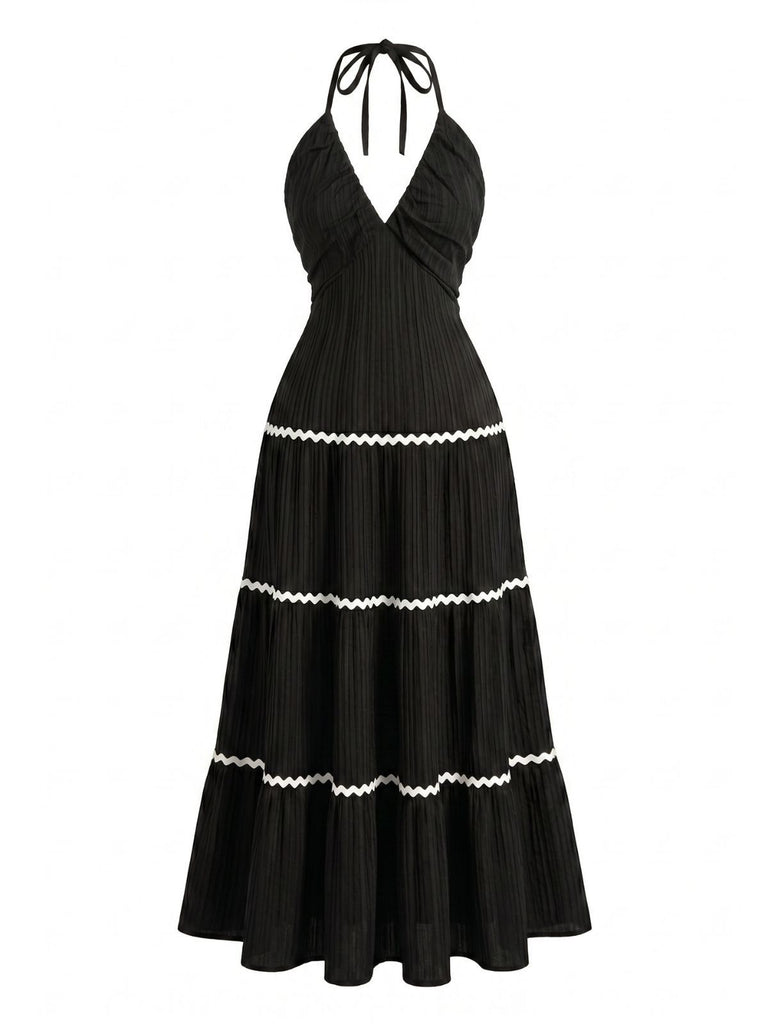 Black 1930s Halter Backless Colorblock Maxi Dress, vintage dress, retro fashion - perfect for women who love vintage and retro fashion