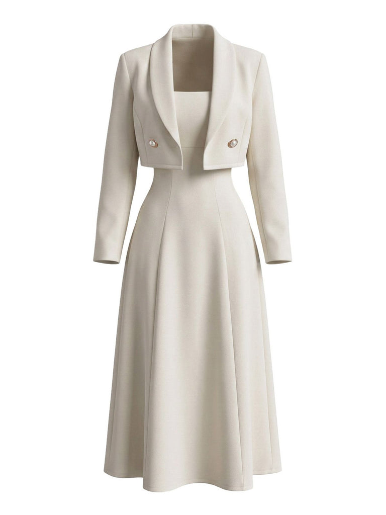 2PCS Ivory 1950s Blazer Overlay A-Line Midi Dress & Bolero Jacket