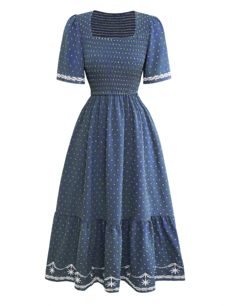 1940s Square Neck Embroidery Jacquard Smocked Dress