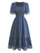 1940s Square Neck Embroidery Jacquard Smocked Dress