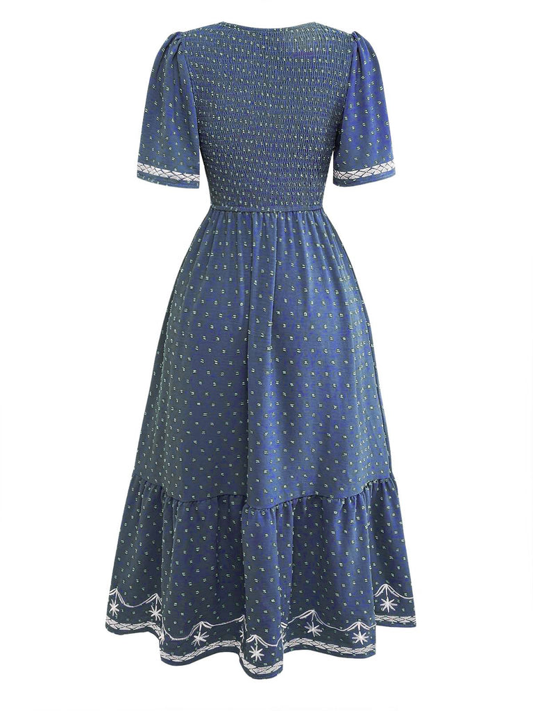 1940s Square Neck Embroidery Jacquard Smocked Dress