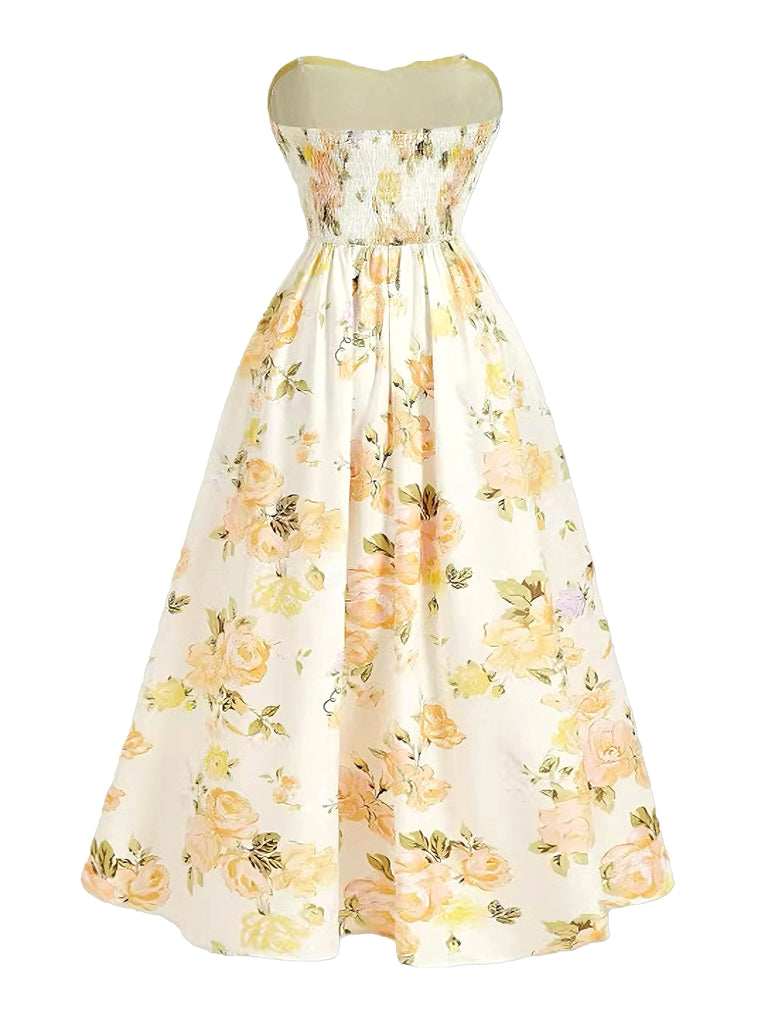 Yellow 1930s Floral Strapless Maxi Dress, vintage dress, retro fashion, floral print - perfect for women who love vintage and retro fashion