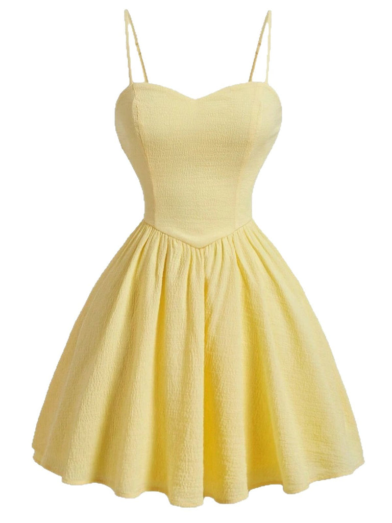 Yellow 1950s Textured Sweetheart Spaghetti Strap Swing Dress, vintage dress, retro fashion, rockabilly, pin-up fashion - perfect for women who love vintage and retro fashion