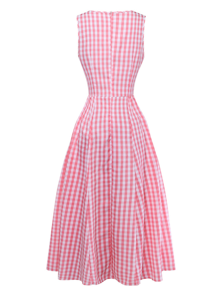 Dark Pink 1950s Plaid Patchwork Dress 2