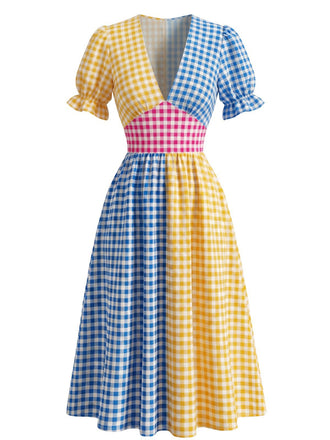 Multicolor 1940s V-Neck Plaid Patchwork Swing Dress