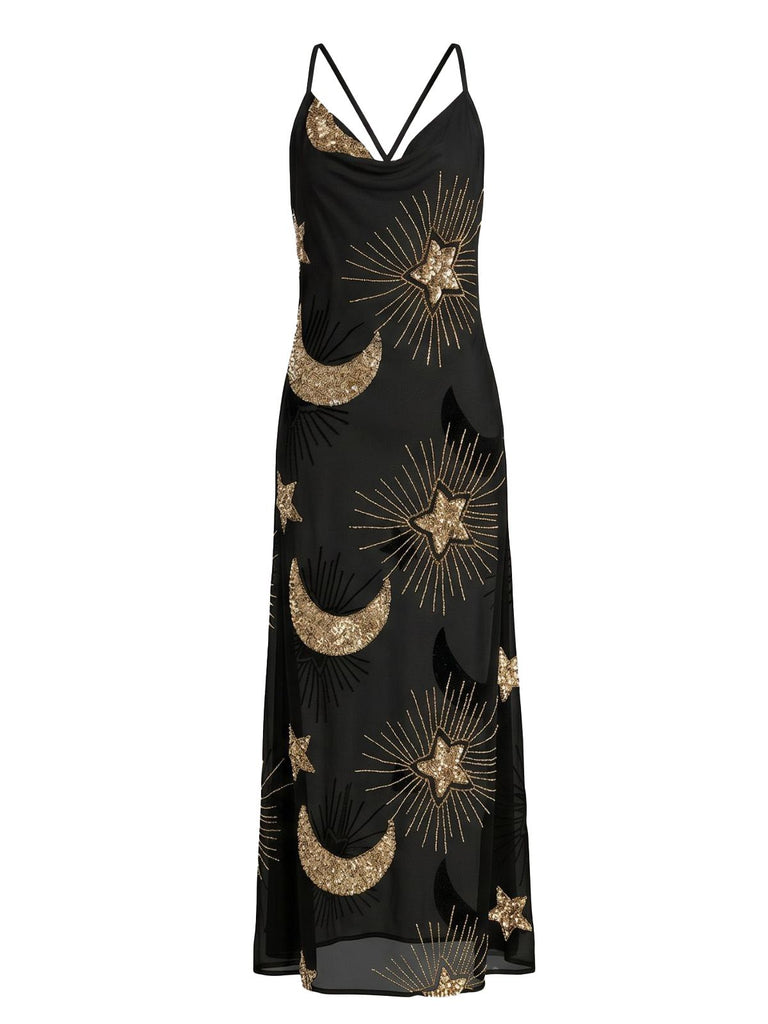 1970s Sheer Celestial Embroidered Sequin Maxi Cover-Up Dress, vintage dress, retro fashion - perfect for women who love vintage and retro fashion