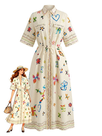 Beige 1970s Folk Floral Half Sleeve Shirt Maxi Dress