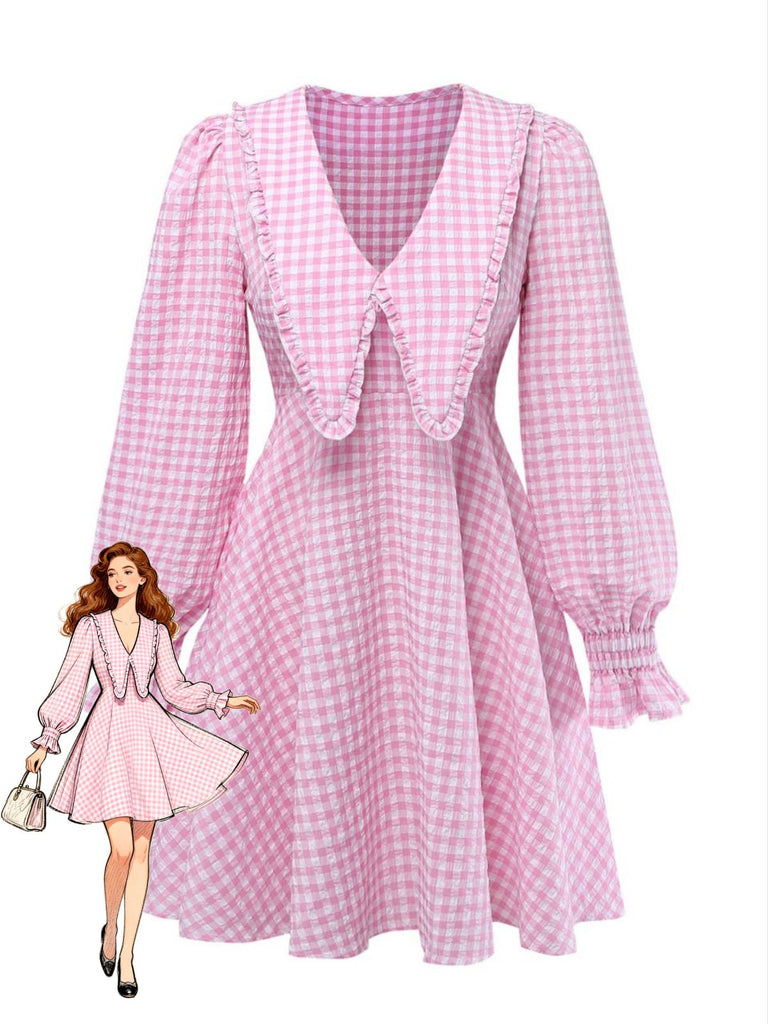 Pink 1950s Gingham Ruffled Lapel Puff Sleeve Dress