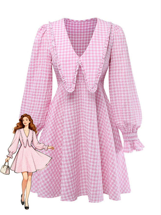 Pink 1950s Gingham Ruffled Lapel Puff Sleeve Dress