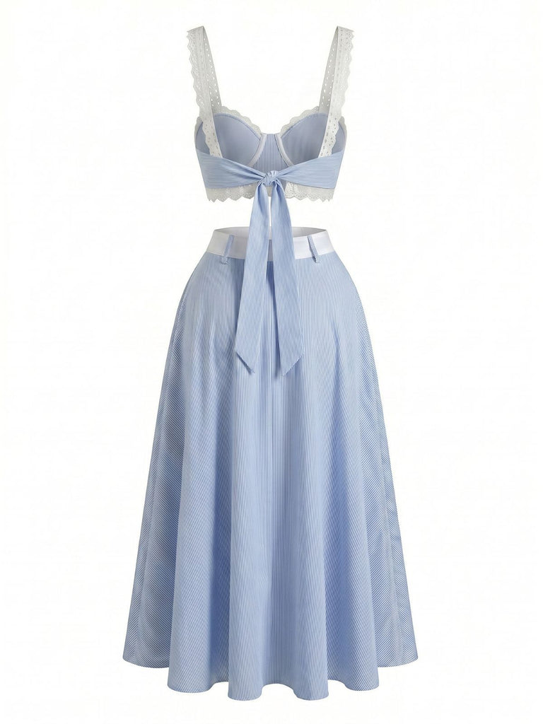 2PCS Blue 1950s Lace Spaghetti Strap Top & High Waist Skirt, vintage skirt, retro style - perfect for women who love vintage and retro fashion