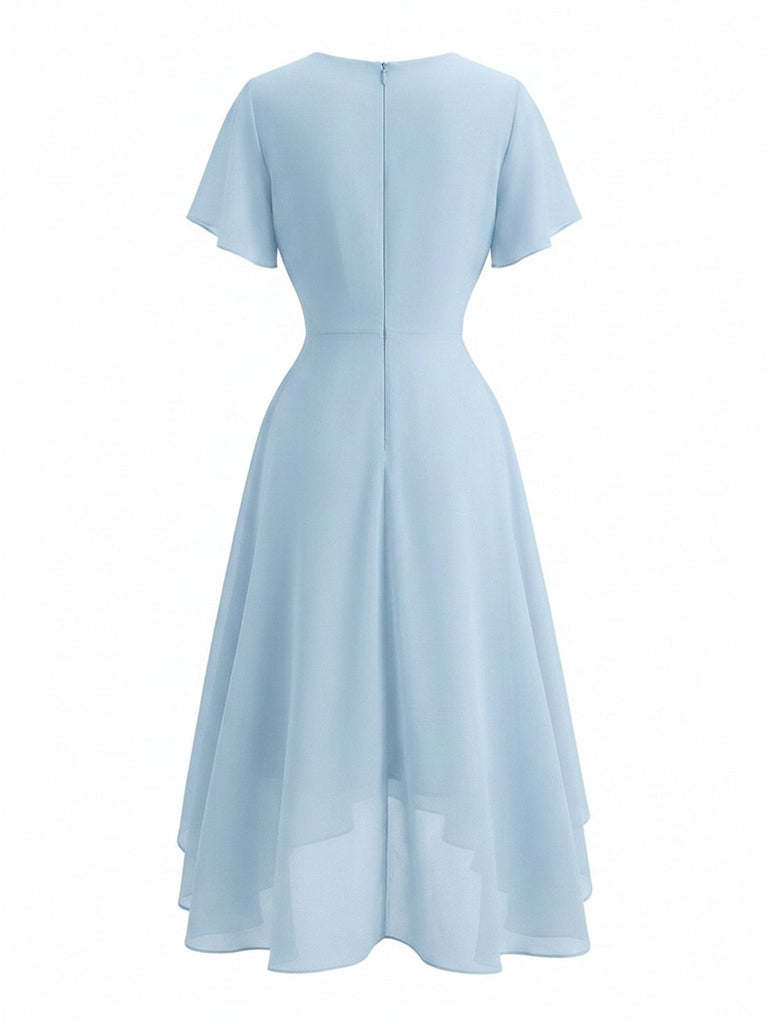 1950s Solid V-Neck Ruffle Sleeve Chiffon Asymmetrical Dress, vintage dress, retro fashion, rockabilly, pin-up fashion - perfect for women who love vintage and retro fashion