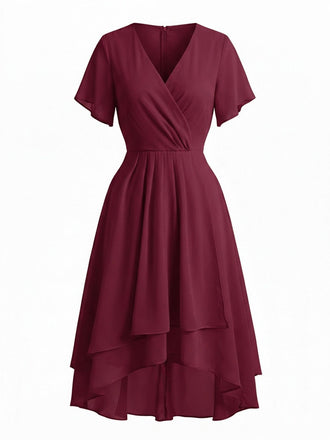 1950s Solid V-Neck Ruffle Sleeve Chiffon Asymmetrical Dress, vintage dress, retro fashion, rockabilly, pin-up fashion - perfect for women who love vintage and retro fashion