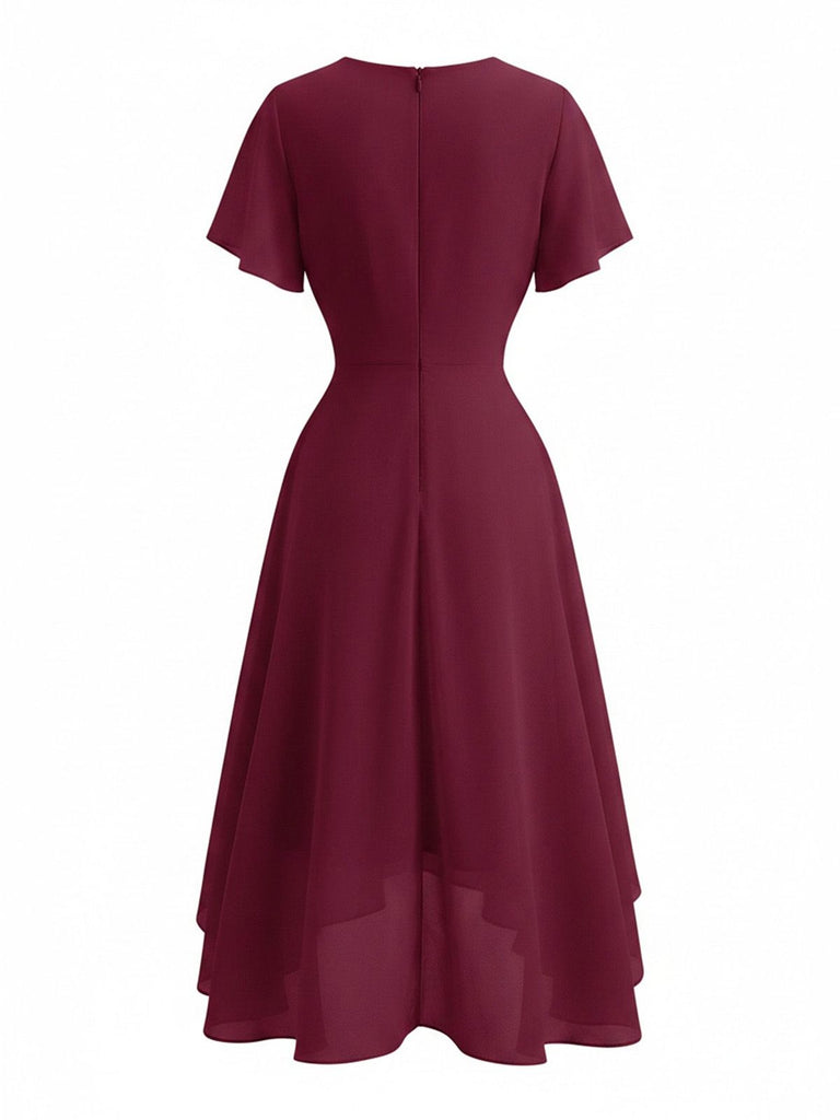 1950s Solid V-Neck Ruffle Sleeve Chiffon Asymmetrical Dress, vintage dress, retro fashion, rockabilly, pin-up fashion - perfect for women who love vintage and retro fashion
