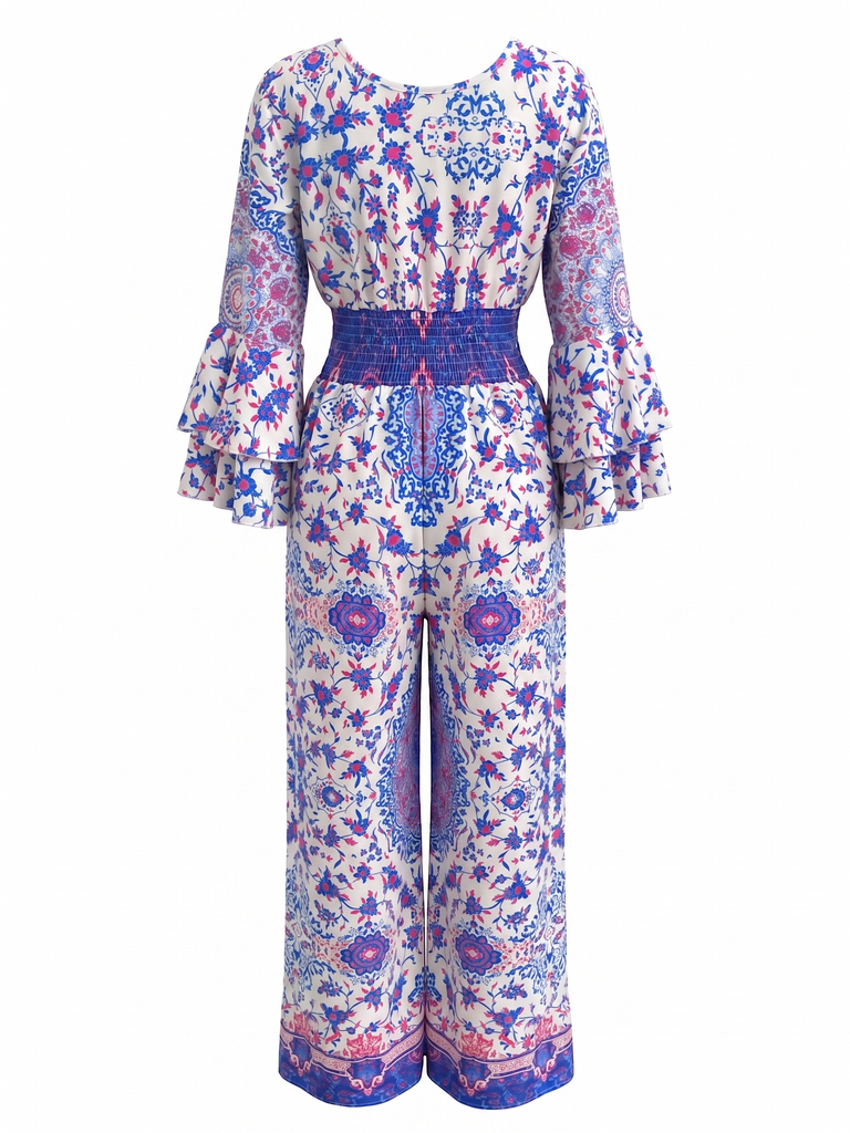 Blue 1970s Bohemian Ditsy Floral Flare Sleeve Jumpsuit