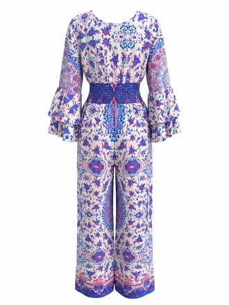 Blue 1970s Bohemian Ditsy Floral Flare Sleeve Jumpsuit