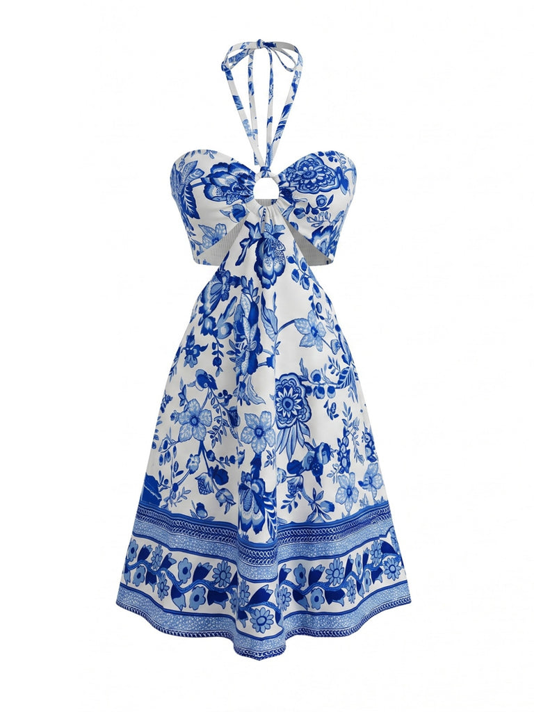 Cobalt Blue 1950s Vintage Floral Halter Dress 2