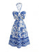 Cobalt Blue 1950s Vintage Floral Halter Dress 2