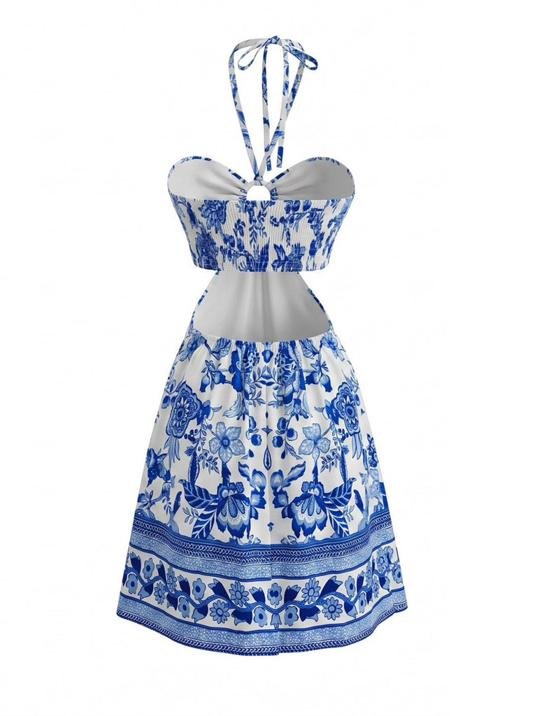 Cobalt Blue 1950s Vintage Floral Halter Dress 3