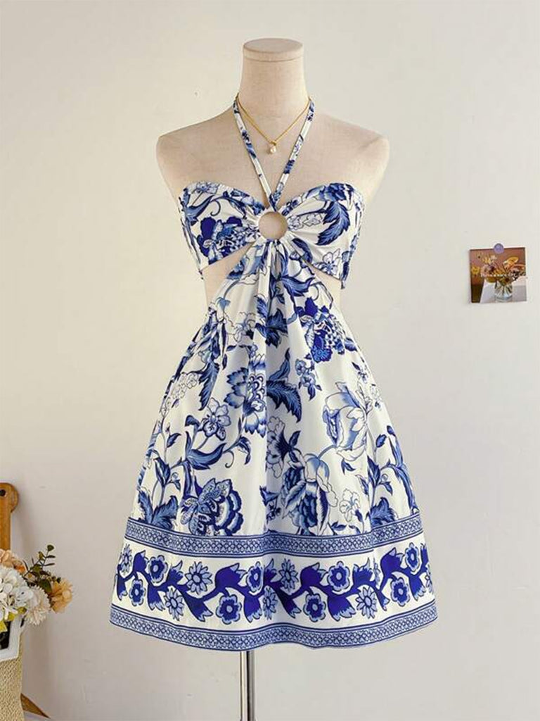Cobalt Blue 1950s Vintage Floral Halter Dress 4