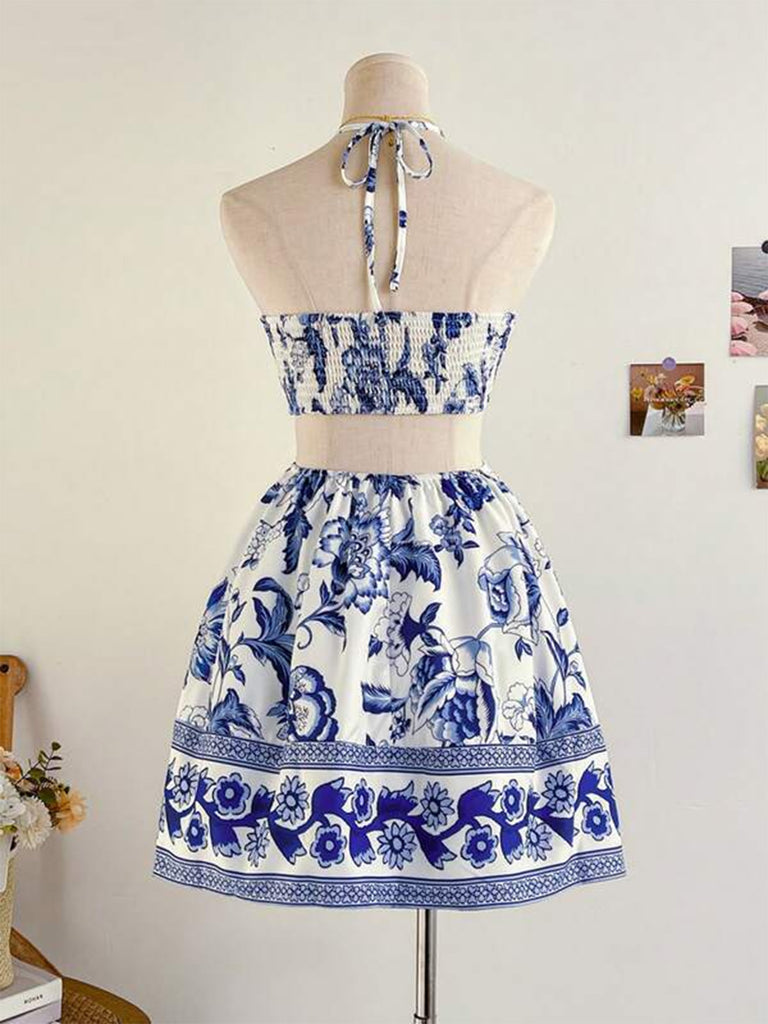 Cobalt Blue 1950s Vintage Floral Halter Dress 5