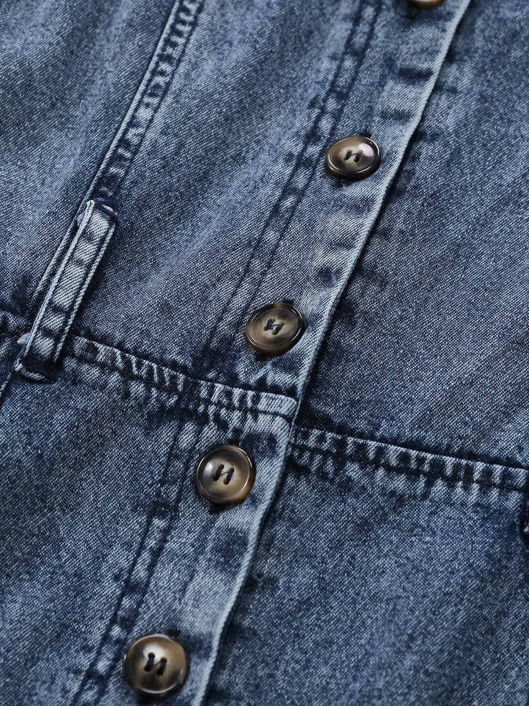 Blue 1930s Denim Button Front Belted Jumpsuit 4
