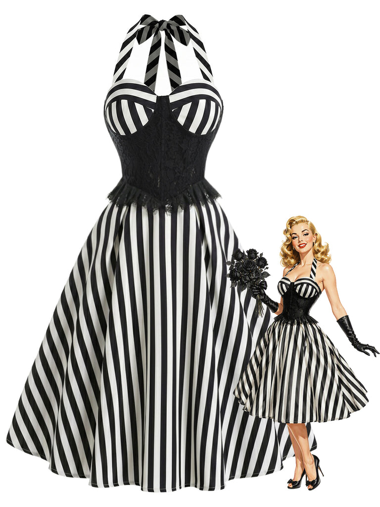 [Pre-Sale] Black 1950s Lace Halter Striped Dress