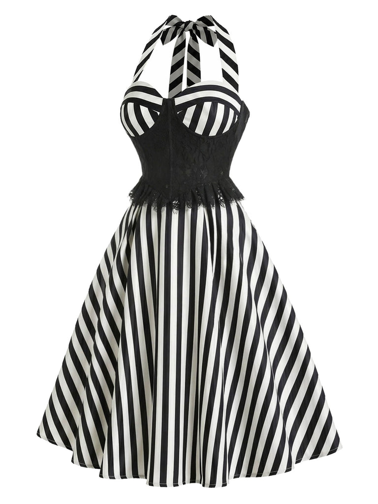 [Pre-Sale] Black 1950s Lace Halter Striped Dress 3