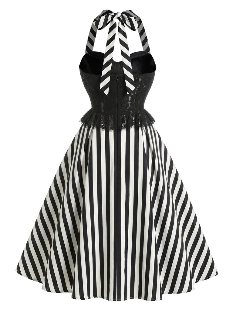 [Pre-Sale] Black 1950s Lace Halter Striped Dress 4