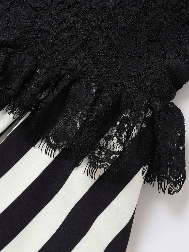 [Pre-Sale] Black 1950s Lace Halter Striped Dress 6