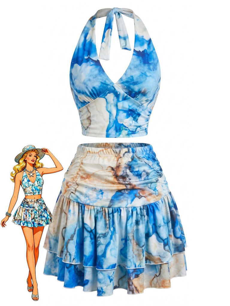 2PCS Blue 1970s Halter Ruched Marble Print Top & Skirt