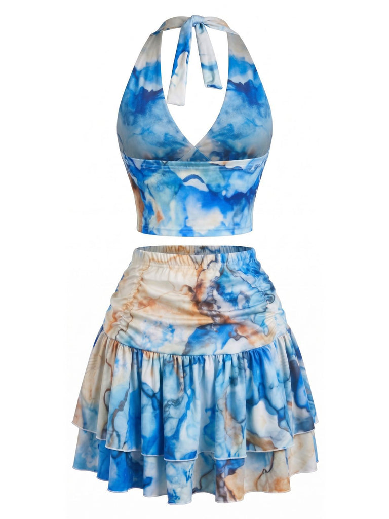 2PCS Blue 1970s Halter Ruched Marble Print Top & Skirt