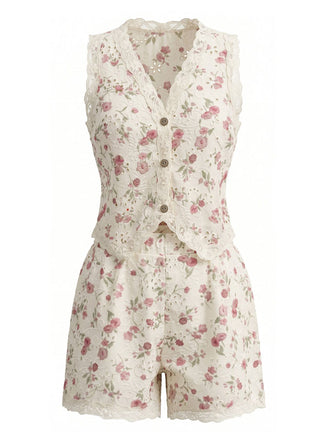 2PCS Beige 1940s Ditsy Floral Lace Patchwork Top & Shorts