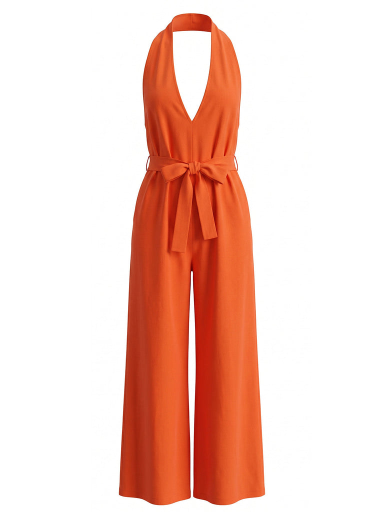 1930s Halter V-Neck Belted Wide Leg Jumpsuit 5
