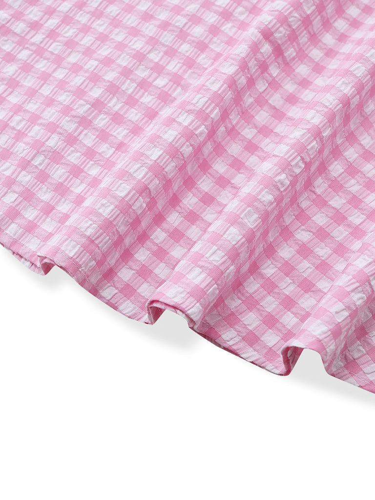 Pink 1950s Vintage Plaid V Neck Dress 6