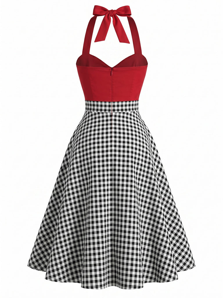 Red 1950s Vintage Plaid Halter Dress 3