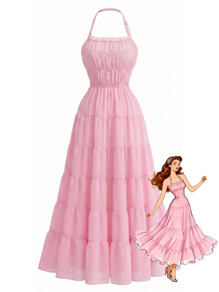 1970s Halter Chiffon Shirred Backless Tiered Maxi Dress