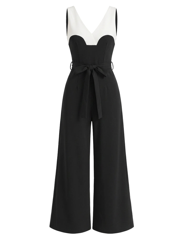 Black 1930s Halter V-Neck Belted Wide Leg Jumpsuit 8