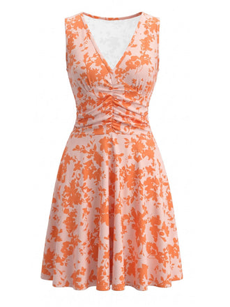 Orange 1970s Deep V-Neck Floral Print Sleeveless Ruched Dress