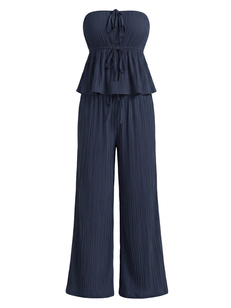 Navy Blue 1950s Vintage Ruffle Two Piece Set 1