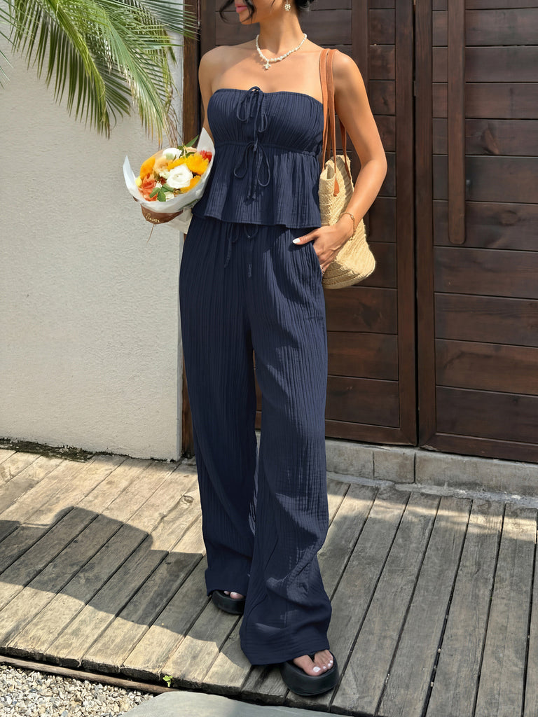 Navy Blue 1950s Vintage Ruffle Two Piece Set 3