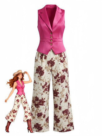 2PCS Purplish Red 1950s Lapel Button Vest & Floral Pants