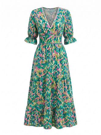 Green 1970s Abstract Floral V-Neck Smocked Tiered Maxi Dress