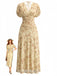 Yellow 1940s Vintage Floral V Neck Dress 1
