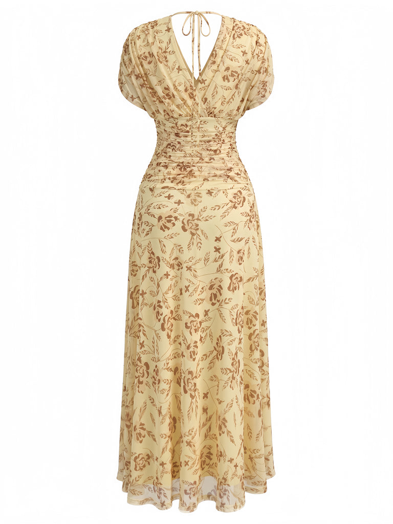 Yellow 1940s Vintage Floral V Neck Dress 2