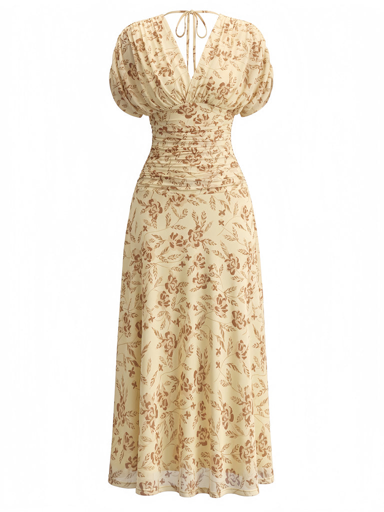 Yellow 1940s Vintage Floral V Neck Dress 3