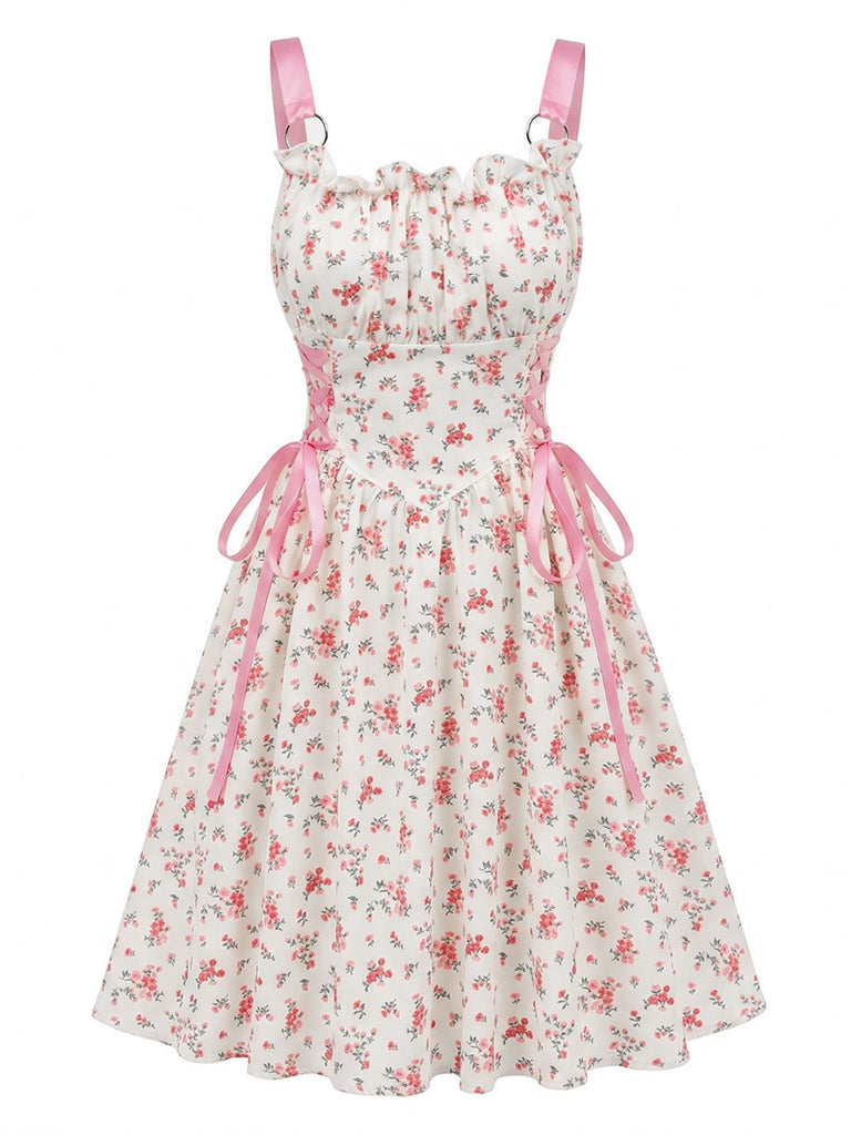 1950s Ruffled Square Neck Sleeveless Floral Print Swing Dress