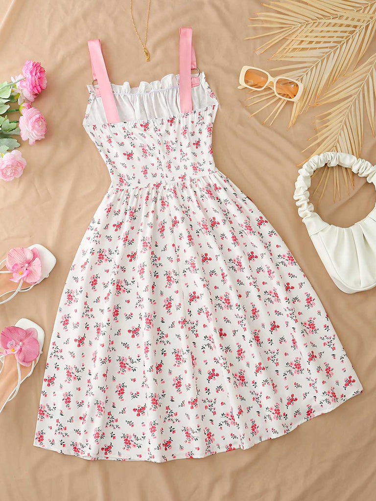 1950s Ruffled Square Neck Sleeveless Floral Print Swing Dress
