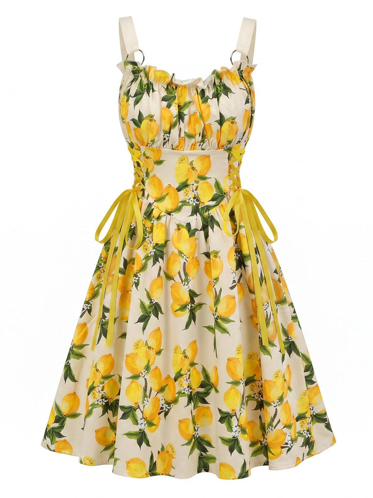 1950s Ruffled Square Neck Sleeveless Floral Print Swing Dress