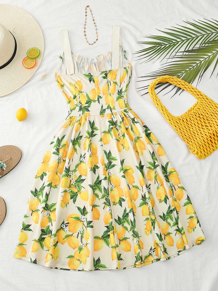 1950s Ruffled Square Neck Sleeveless Floral Print Swing Dress